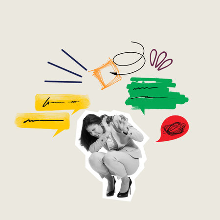 Contemporary art collage. Conceptual image with young woman trying to escape negative messages on Internetの写真素材