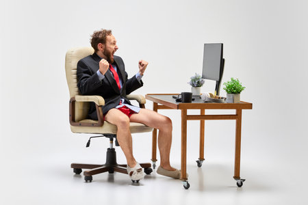 Success emotions. Young business man sitting at home and shouting with joy. Business, studying, education, youth, remote workplace conceptの写真素材