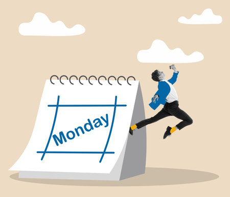 Happy businessman before work week with planner or calendar showing Monday. Creative art collage about successful business.の写真素材
