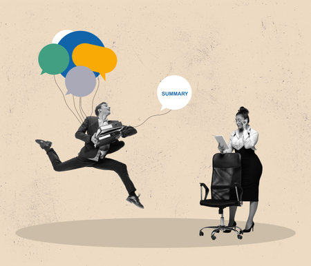 Concept of meeting summary or conclusion, session or brainstorm, recap and agreement. Businessman holding group of speech bubble balloons as member opinions, offering summary after meeting.の写真素材