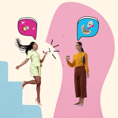 Couple of business people meeting and talking. Speech bubble above them. Art collage or design about dialog, cooperation and teamwork conceptsの写真素材