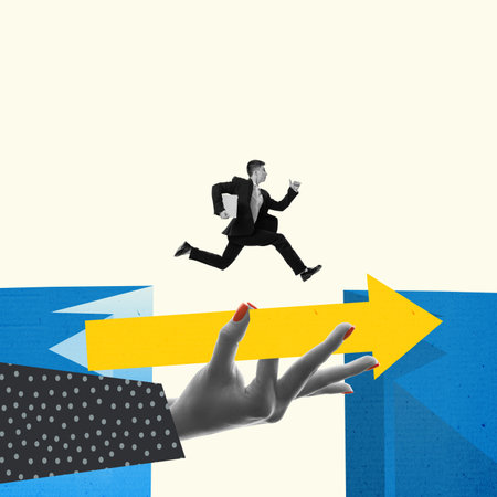 Forward to the goal. Human hand supporting businessman, who running to buisness target. Contemporary art collage. Inspiration. Concept of teamwork, occupation, increase in sales and market shareの写真素材