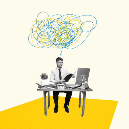 Smart thinking. Young man sitting at office and working at computer. Bright contemporary art collage. Business, studying, education, youth, remote workplace concept. Businessman having ideaの写真素材