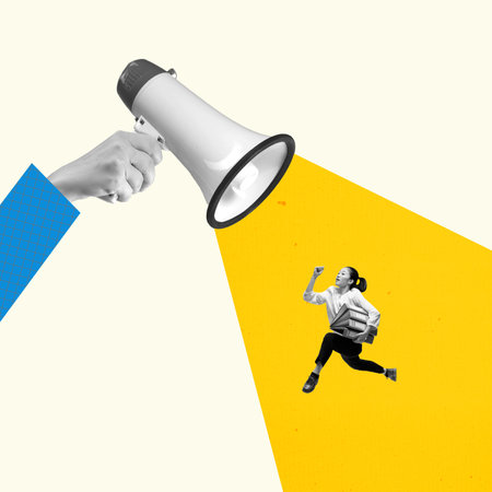 Contemporary art collage. Abstract hand with megaphone shouting to running female worke as boss. Concept of business, motivation, career, goal, employment, labor, recruitment. Creative designの写真素材