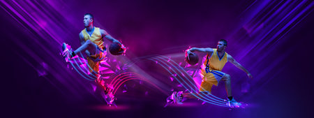Sport poster with young professional basketball players in motion with basketball ball over dark...
