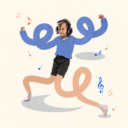 Contemporary art collage. Creative design with cheerful boy, child with long legs and hand listening to music and dancingの写真素材