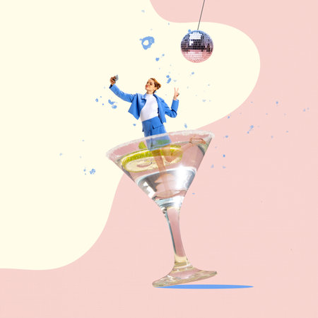 Contemporary art collage. Creative design. Stylish young woman standing inside cocktail and taking selfie. Disco partyの写真素材