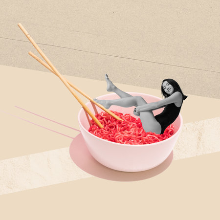 Charming girl sitting in huge bowl with pink noodles. Contemporary art collage. Healthy eating for bodies beauty. Surrealism, minimalismの写真素材
