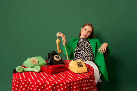 Pop art photography. Retro objects and modern youth. Young girl in retro style clothes sitting at table with vintage phones. Complementary trendy colorsの写真素材