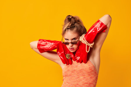 Half-length portrait of young fashionable girl in red huge latex glove and sunglasses isolated over bright yellow background. Weird people concept.の写真素材