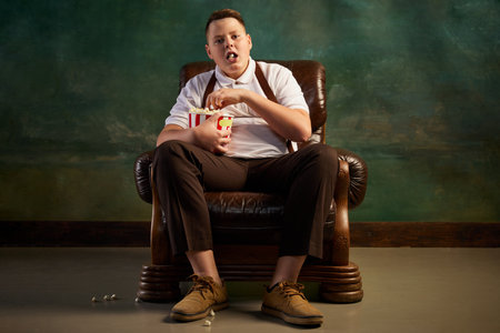 Portrait of fat teen boy wearing retro style clothes sitting in brown armchair on dark vintage...