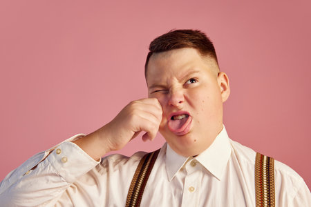 Grimace. Studio shot of cute big obese teen boy in white shirt and shorts with suspenders isolated over pink background. Emotions, retro fashion, dietingの写真素材