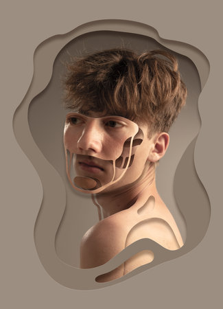 Youth. Contemporary artwork with young sad man on grey background with textured and layering effect. Ideas, inspiration, fashion, beauty.の写真素材