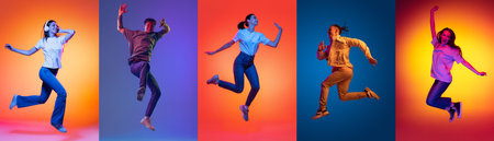 Collage of portraits of young excited expressive people jumping, dancing isolated on multicolored background in neon light. Music, dance, youth, energyの写真素材