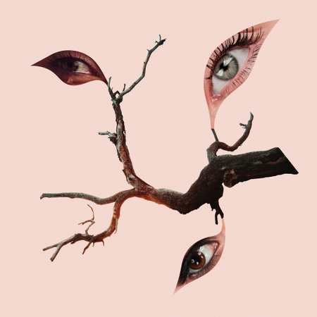 Dried branch of a tree with leaves-eyes. Contemporary art collage. Inspiration, idea, trendy urban style. Surrealism, minimalism.の写真素材