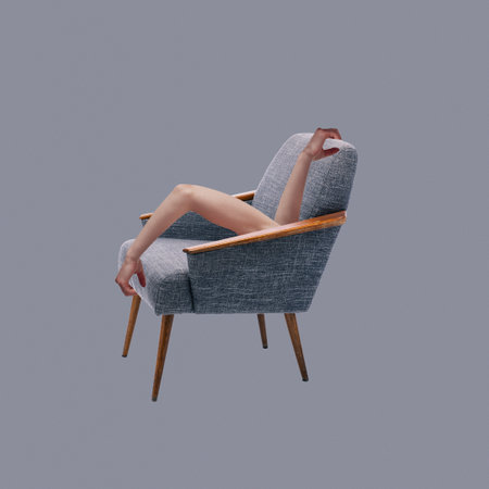 Female body on armchair. Modern design, contemporary art collage. Inspiration, idea, trendy urban style. Surrealism, minimalism.の写真素材