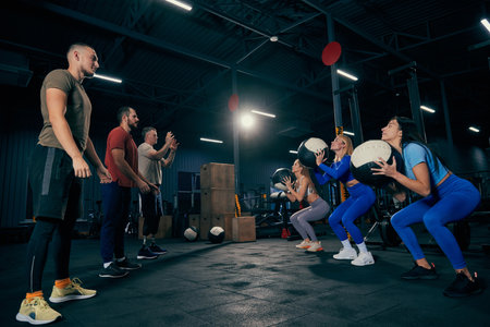 Group training. Sportive youth, muscled men and women in sports uniform workout at sport gym,...