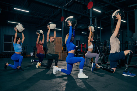 Group training. Sportive youth, muscled men and women in sports uniform workout at sport gym, indoors. Sport, active lifestyle, health, youth conceptの写真素材