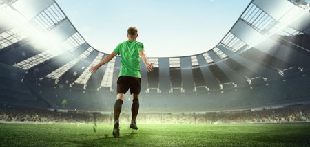 Winner emotions. Back view of soccer player running at the crowded stadium with spot lights during evening football match. Concept of sport, competition, championshipの写真素材