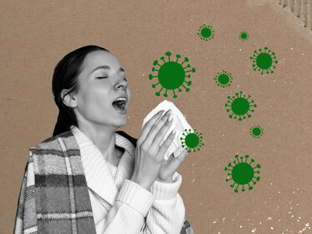 Conceptual art collage about ill person with symptoms of virus flu, headache, monkeypox. Concept of health, care, sickness, allergy, pain, protection, pandemicの写真素材