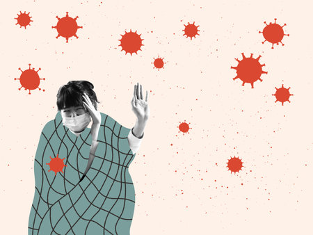 Protection. Sick young asian woman try to stop viryses attack. Symptoms of virus flu, headache, monkeypox. Concept of health, care, sickness, allergy, pain, protection, pandemicの写真素材