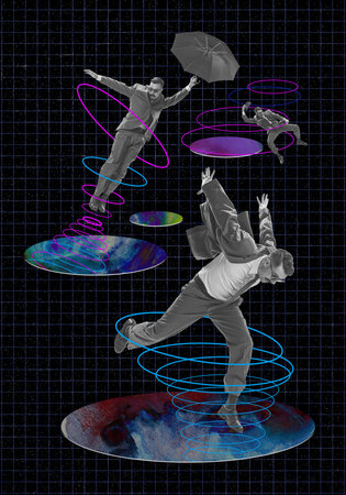 Contemporary art collage. Retro man in suit around many space planets isolated over night starry sky...