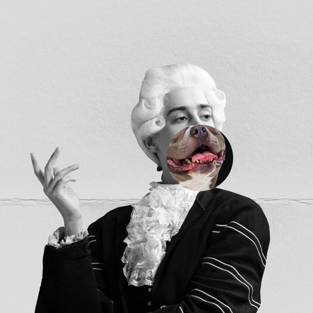 Young man in white wig in image of medieval royal person with dogs face instead face. Comparison of eras concept. Contemporary surreal art portraitの写真素材