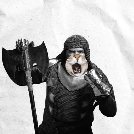Surreal artwork with medieval knight, warrior with part of cats face wearing armour over white background crumpled paper effect. Contemporary art collageの写真素材
