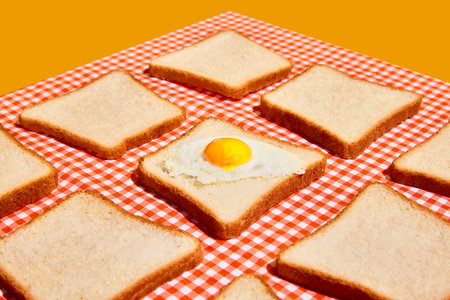 American breakfast. Perfectionism and minimalism. Uncooked bread toasts on plaid red and white...