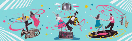 Contemporary art collage. Dancing couples in retro 70s, 80s styled clothes over blue background with...
