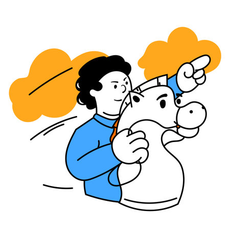 Winner emotions, great goals. Vector illustration with young ambitious smart manager in different business processes. Business, finance, minimalism, team, managment and targetのイラスト素材