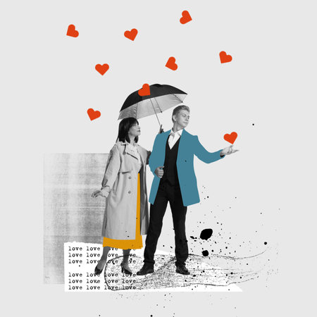 Young couple in love stranding on abstract background with drawings. Bright contemporary art collage or creative design. Art, fashion and music. Ideas, relationship, vintage, retro styleの写真素材