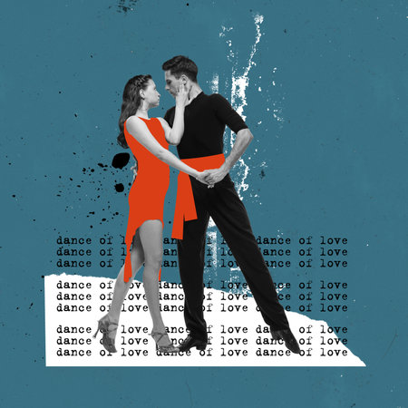Love, dating, dancing, hobby. Contemporary art collage. Dancing couple in retro 70s, 80s styled clothes isolated over bright abstract background. Concept of art, music, fashion, partyの写真素材