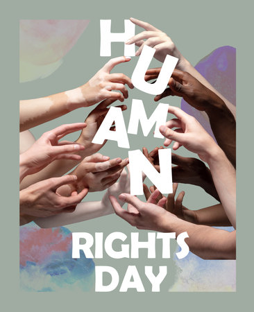 Diversity. Hands of people of different nations and religion on bright abstract background. Symbol of unity, equality, friendship and support. Human Rights Day. December 10の写真素材