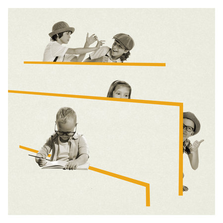 Playful little boys, girl with open book. Escaping homework reading. Concept of childhood, education, creativity, study, homework. Retro style. Poster, adの写真素材