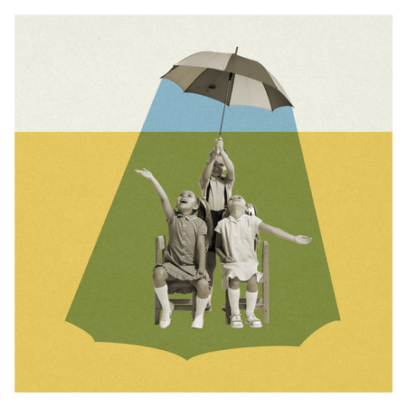 Happy mood. Art collage with cute school age kids under drawn rain isolated on minimal background. Childhood, education, studying, back to school concept. Copy space, ad.の写真素材