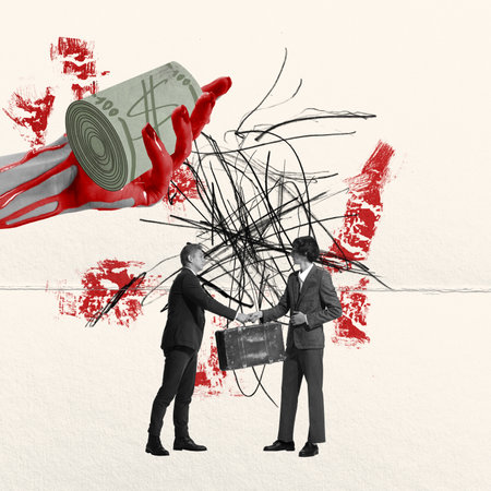 Creative conceptual design. Two men, businessman giving briefcase with information. Dirty money....