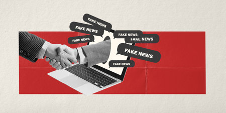 Creative design. Conceptual artwork. Male shaking hands sticking out laptop screen. Spreading fake information. Lieの写真素材