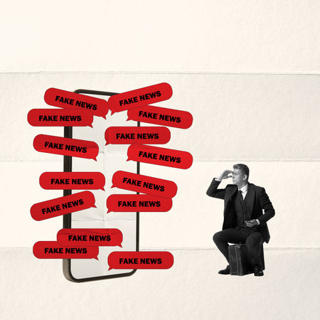 Creative design. Conceptual artwork. Young man looking on smartphone filled with fake news. Disinformation of societyの写真素材