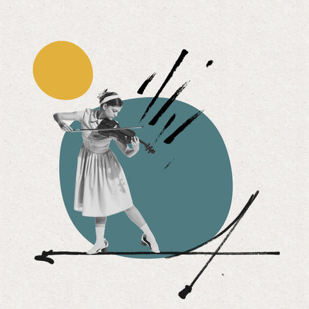 Contemporary art collage. Tender young woman playing violin. Classical music performer. Pastel art style. Concept of creativity, retro style, music lifestyle, design. Copy space for ad, posterの写真素材