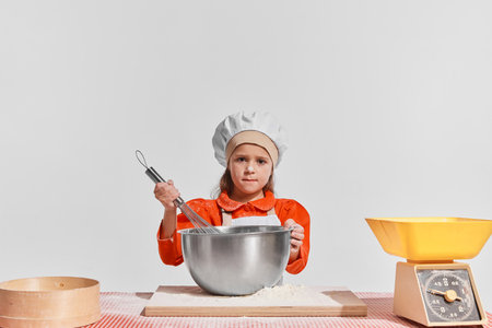 Cute little child, girl in image of chef cooking over grey background. Mixing dough
