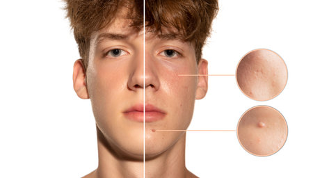 Oily skin problem - acne, blackhead, pustule, papule, enlarged pores. Collage of young man, facial diseases. Skincare, healthcare, dermatology, medical, beauty. Before after conceptの写真素材