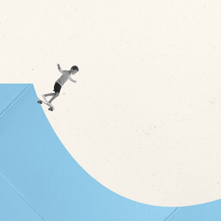 Contemporary art collage. Litlte retro boy with skate playing, having fun isolated over beige...