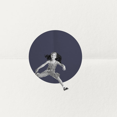 Contemporary art collage. Little retro girl jumping, playing, having fun on light background....