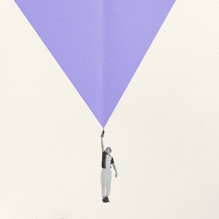 Contemporary art collage. Little boy, beautiful child standibg with retro phone. Conceptual image. Vintage design in minimal style. Concept of childhood, communication, creativity, imagination.の写真素材