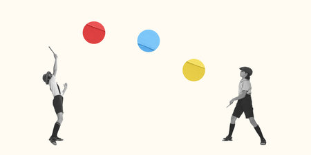 Contemporary art collage. Little retro boys playing, having fun on light background. Concept of children, sport, creativity, design, education, childhood. Copy spaceの写真素材