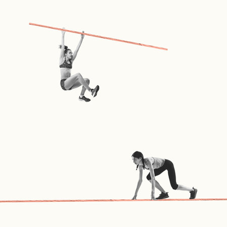 Creative artwork in retro style. Sportive, motivated girl, athlete running, overcoming obstacles