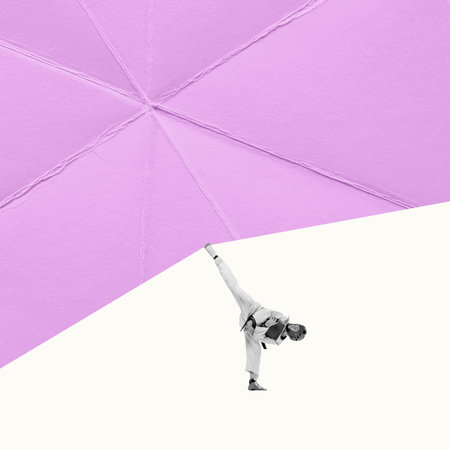 Creative artwork in retro style. Sportive strong woman, boxer, MMA fighter training. Punching with legの写真素材