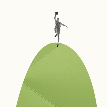 Creative artwork in retro style. Young man, professional basketball player in action, training, playingの写真素材