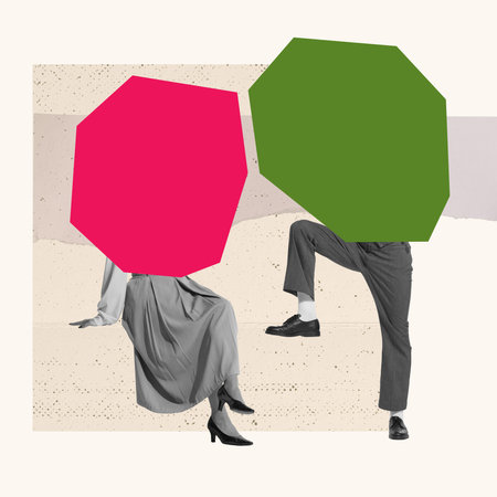 Contemporary art collage of retro couple on pastel background with speech bubble, copy space. Concept of romance, proposal, love, relationship, creativity, imagination, inspiration, adの写真素材